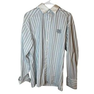 Rocawear Mens Large White Blue Gray Long Sleeve Button Down Shirt w/ Embroidery